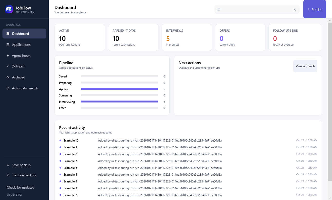 JobFlow dashboard showing application counts, upcoming follow-ups, and job search activity with example data