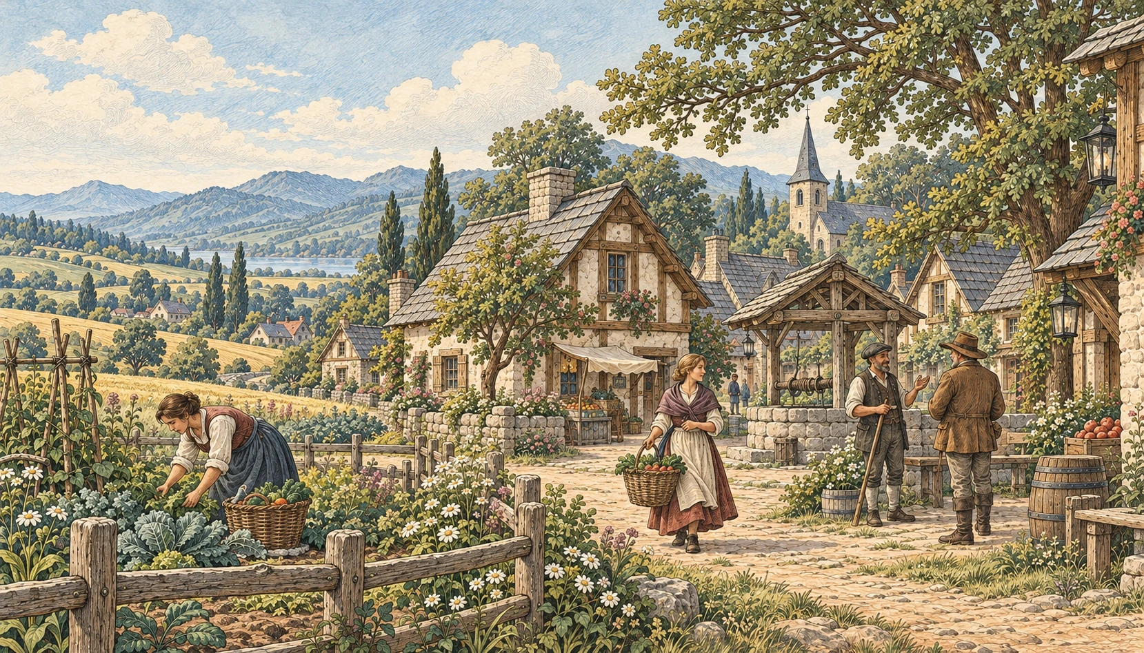 An engraved illustration of village life, cottages, and cultivated fields in Sonderland